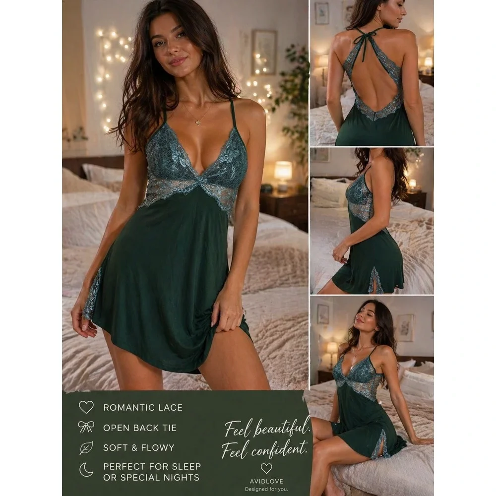 Avidlove‎ Forest Green Lace Trim Open Back Tie Halter Chemise Babydoll S